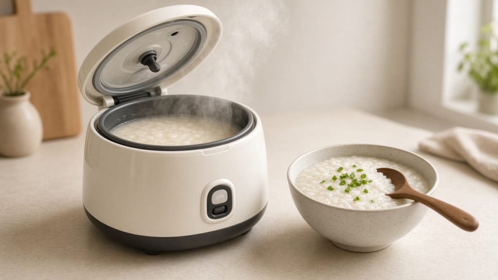 Dùng nồi điện đa năng nấu cháo mà không bị cháy đáy Nồi điện đa năng đang nấu cháo